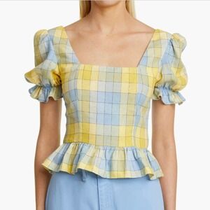 STAUD Dock Top in Coastal Blue Check Size 0 NWOT Plaid Peplum Top Linen Blend